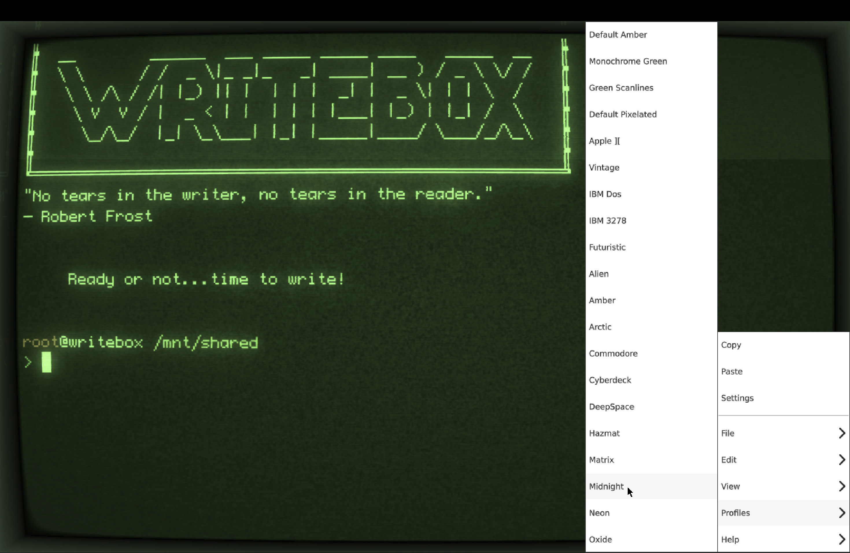 Cool Retro Term write box with custom "Green Scanlines" theme
